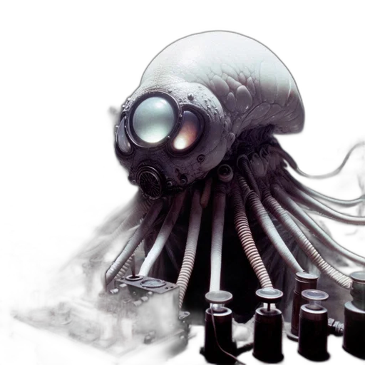 creature, robot, weapon, hair, concept art, 3d render, fantasy art, watercolor transparent PNG cut-out