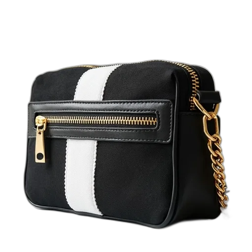 black, white, canvas, shoulder, bag, gold, zipper, chain transparent PNG cut-out