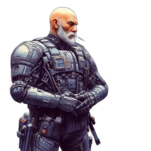 concept art, cyberpunk, comic book art, 3d render, elderly, man, sporting, white transparent PNG cut-out