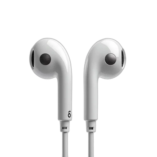 pair, white, earphones, metallic, finish, earbuds, silver, logo transparent PNG cut-out