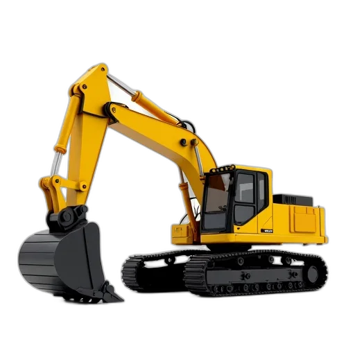 robot, 3d render, yellow, excavator, black, bucket, positioned, white transparent PNG cut-out
