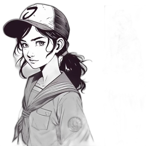 hat, jacket, face, cartoon, comic book art, concept art, anime, monochrome transparent PNG cut-out