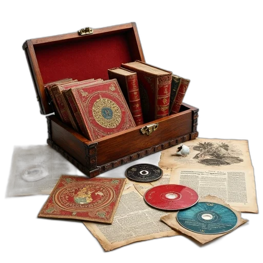 collection, fantasy, books, cds, displayed, white, background, arranged transparent PNG cut-out