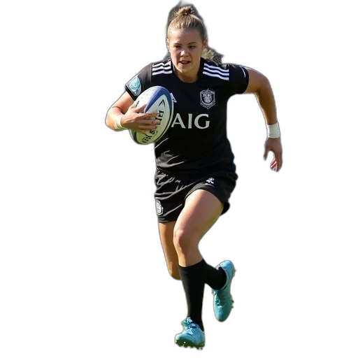 female, rugby, player, black, white, uniform, running, grass transparent PNG cut-out