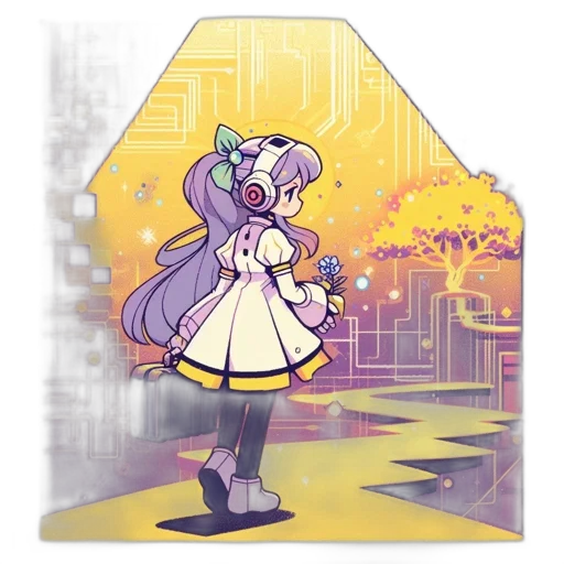 dress, robot, staff, umbrella, anime, pixel art, vaporwave, cartoon transparent PNG cut-out