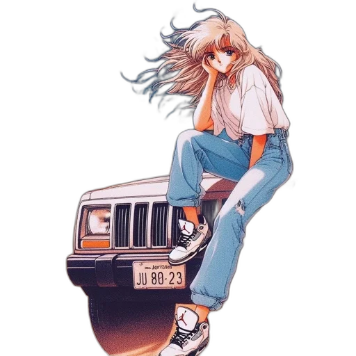 car, shoes, jacket, hair, vaporwave, anime, concept art, watercolor transparent PNG cut-out