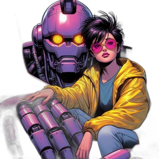 robot, jacket, comic book art, cyberpunk, concept art, pixel art, neon lights, colorful transparent PNG cut-out