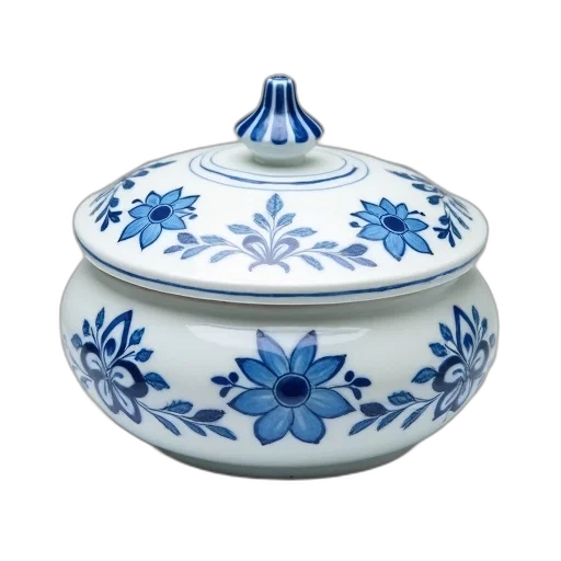 3d render, blue, white, ceramic, box, floral, pattern, lid transparent PNG cut-out