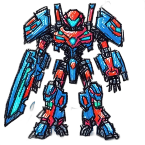 robot, weapon, concept art, pixel art, 3d render, watercolor, blue, elaborate transparent PNG cut-out