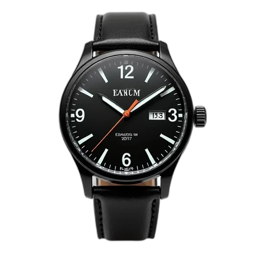 black, wristwatch, leather, strap, displayed, against, white, background transparent PNG cut-out