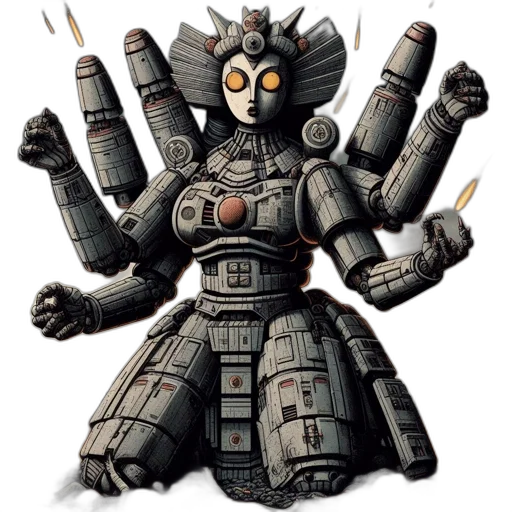 robot, weapon, concept art, pixel art, 3d render, comic book art, post-apocalyptic, scene transparent PNG cut-out