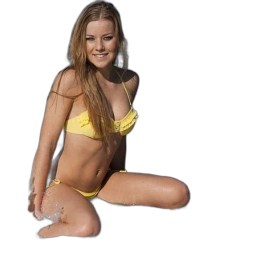 jewelry, staff, hair, photorealistic, woman, yellow, bikini, sits transparent PNG cut-out