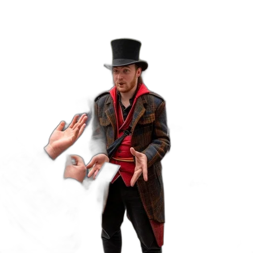 staff, jacket, hat, weapon, 3d render, concept art, photorealistic, fantasy art transparent PNG cut-out