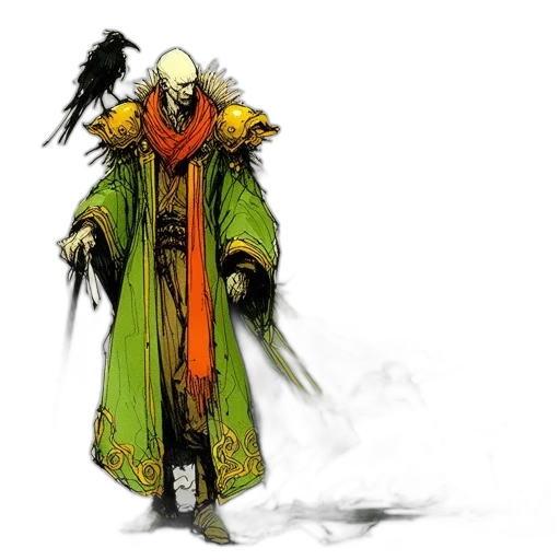 staff, mask, jacket, concept art, fantasy art, comic book art, pixel art, green transparent PNG cut-out