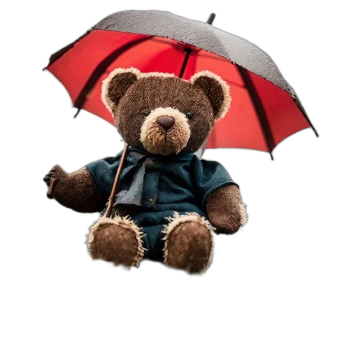 umbrella, jacket, staff, photorealistic, 3d render, rain, teddy, bear transparent PNG cut-out