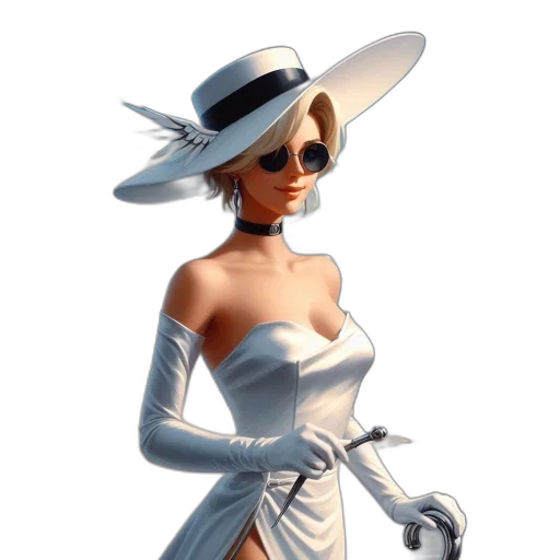 hat, dress, staff, concept art, 3d render, fantasy art, cartoon, monochrome transparent PNG cut-out