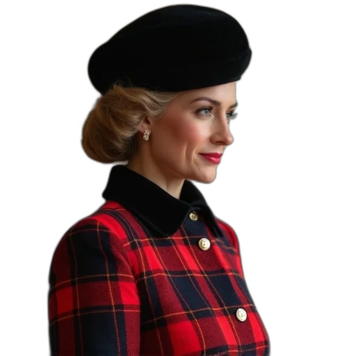 hat, jacket, crown, dress, princess, diana, tartan, black transparent PNG cut-out