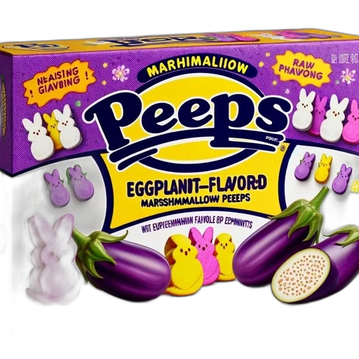 food, eggplant-flavored, peeps, purple, yellow, packaging, featuring, actual transparent PNG cut-out