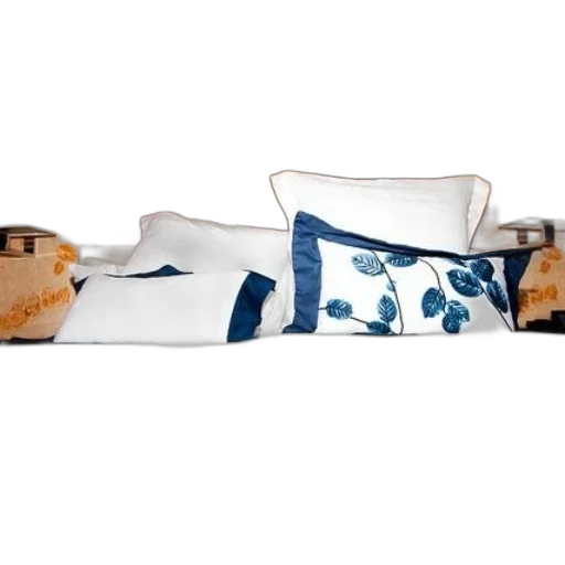 neatly, made, bed, white, sheets, blue, pillows transparent PNG cut-out