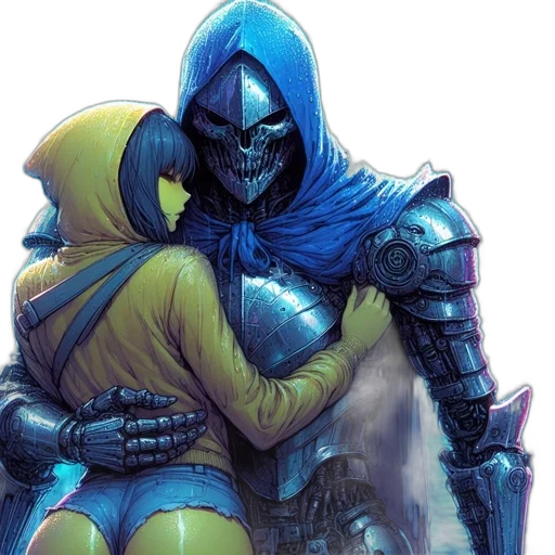 comic book art, concept art, fantasy art, blue, woman, casual, attire, hugs transparent PNG cut-out