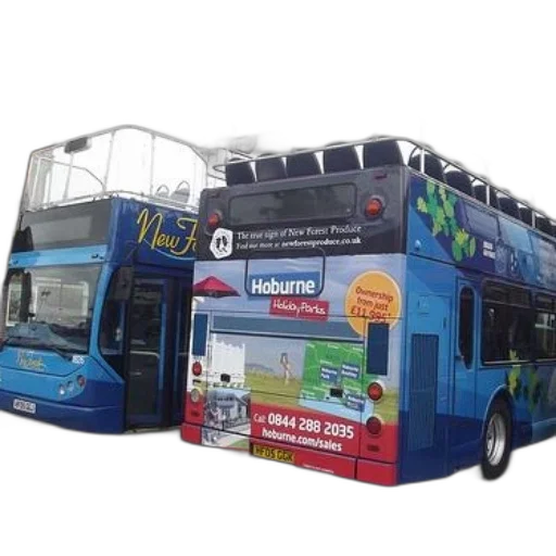 3d render, photorealistic, two, blue, buses, advertisements, hoburne, holiday transparent PNG cut-out