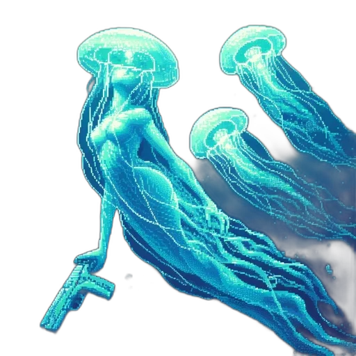 robot, hair, dress, concept art, vaporwave, cyberpunk, comic book art, underwater transparent PNG cut-out