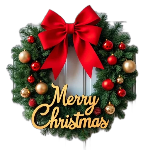 photorealistic, festive, christmas, wreath, adorned, red, gold, ornaments transparent PNG cut-out