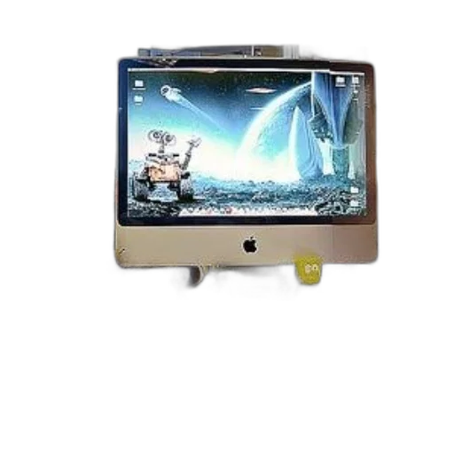 robot, staff, 3d render, cyberpunk, outer space, workspace, imac, displaying transparent PNG cut-out