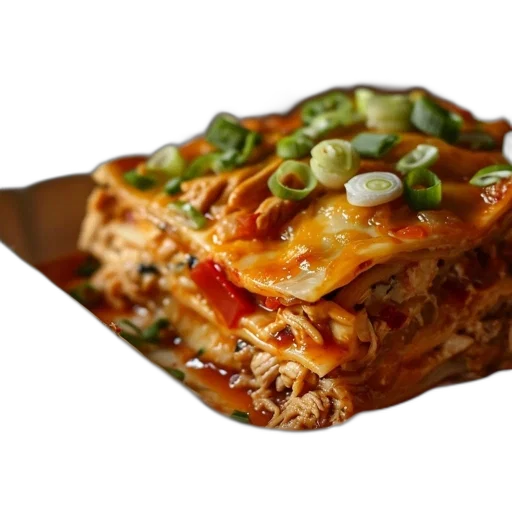 food, layered, casserole, dish, red, sauce, garnished, green transparent PNG cut-out