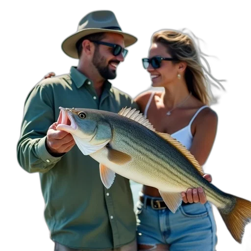 man, woman, standing, boat, holding, large, fish, wearing transparent PNG cut-out