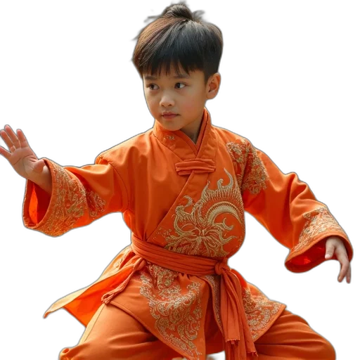 dragon, staff, photorealistic, boy, orange, embroidered, uniform, performs transparent PNG cut-out
