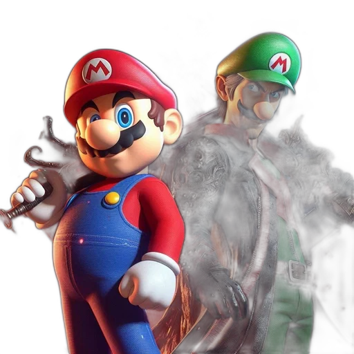 weapon, mask, concept art, 3d render, comic book art, fire, mario, luigi transparent PNG cut-out