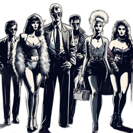 comic book art, concept art, cartoon, fantasy art, five, stylishly, attired, individuals transparent PNG cut-out