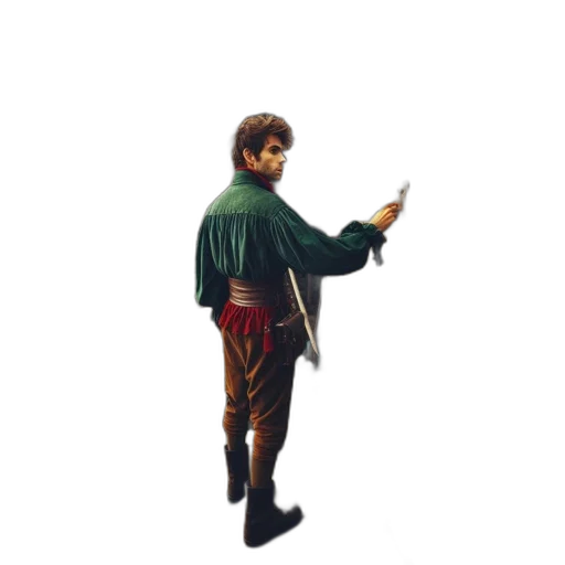 jacket, staff, sword, weapon, pixel art, concept art, 3d render, fantasy art transparent PNG cut-out