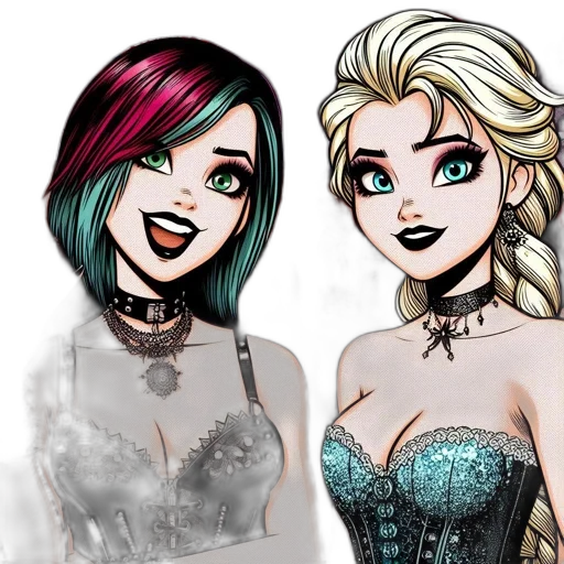 cartoon, fantasy art, concept art, comic book art, dark, two, female, characters transparent PNG cut-out