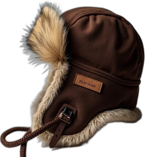 hat, jacket, earth tones, brown, winter, fur-lined, brim, tag transparent PNG cut-out