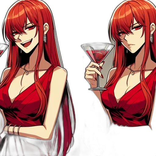 anime, concept art, pixel art, cartoon, red, two, illustrations, woman transparent PNG cut-out