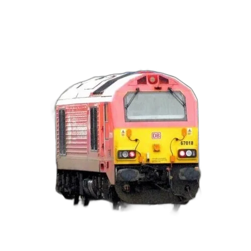 photorealistic, 3d render, red, yellow, train, tracks, front, blue transparent PNG cut-out