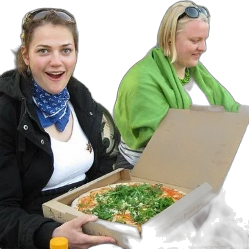 food, jacket, two, women, sit, outside, one, holding transparent PNG cut-out