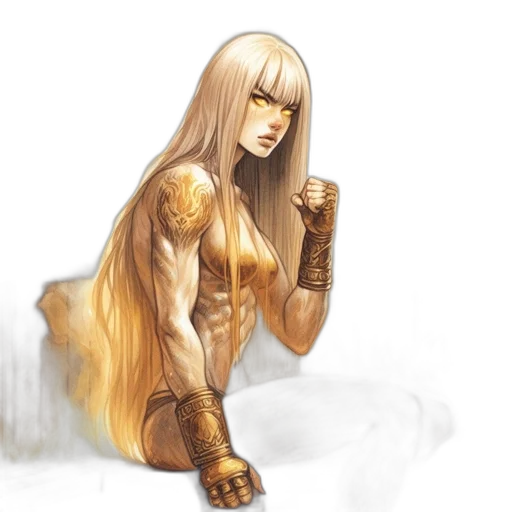 sword, hair, fantasy art, concept art, comic book art, anime, golden, earth tones transparent PNG cut-out
