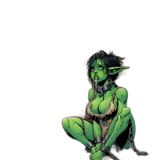comic book art, concept art, fantasy art, green, medieval-looking, village, chained, green-skinned transparent PNG cut-out