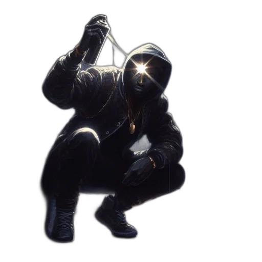 jacket, mask, weapon, staff, concept art, cyberpunk, pixel art, 3d render transparent PNG cut-out