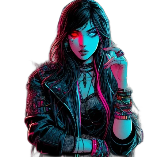 jacket, face, jewelry, weapon, cyberpunk, comic book art, concept art, fantasy art transparent PNG cut-out