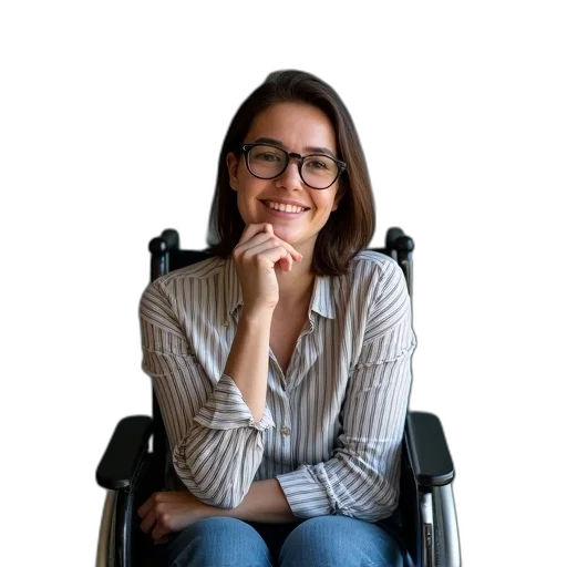 staff, face, woman, glasses, striped, shirt, sitting, wheelchair transparent PNG cut-out