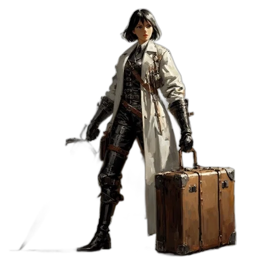 staff, jacket, concept art, fantasy art, 3d render, photorealistic, female, character transparent PNG cut-out
