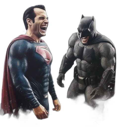 comic book art, concept art, 3d render, photorealistic, superman, batman, stand, amidst transparent PNG cut-out