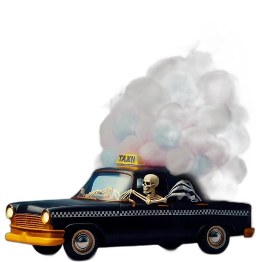car, concept art, photorealistic, fog, fire, city street, skeleton, driver transparent PNG cut-out