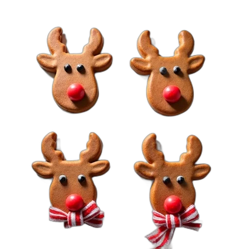 3d render, photorealistic, set, four, decorated, cookies, reindeer, theme transparent PNG cut-out