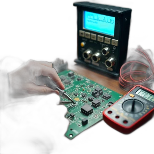 3d render, cyberpunk, concept art, person, working, circuit, board, soldering transparent PNG cut-out