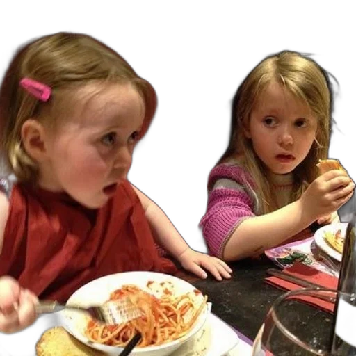 two, young, girls, sit, table, plates, spaghetti, bread transparent PNG cut-out